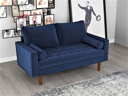 Container Furniture Direct Womble Mid Century Modern Soft Velvet Upholstered Tufted Seat with Bolster Pillows, Loveseat, Sofa, Misty Blue