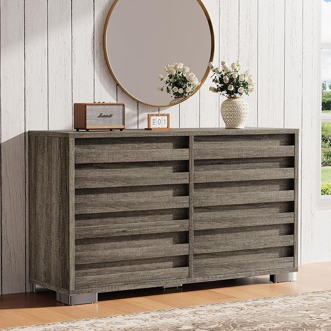 LUXOAK 2 Pcs Bedroom Furniture Sets - Includes 1 X Farmhouse 6 Drawers Dresser, 1X Farmhouse King Size Bed Frame with 49" Tall Headboard, Wooden Platform Bed with Hidden Metal Bed Frame, Rustic Grey