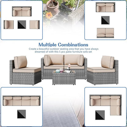 Patio Furniture Sets, 5 Piece Outdoor Sectional Sofas, Wicker Rattan Outdoor Furniture Patio Conversation Set, All-Weather PE Rattan Outdoor Couch for Backyard, Garden, Gray & Khaki
