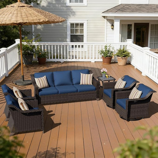 6 Pieces Patio Conversation Furniture Set - 1 Sofa, 2 Swivel Chairs, 2 Armchairs, 1 Side Table, Outdoor Wicker Furniture with Removable Cushions for Porch, Balcony, Sunroom (Blue)
