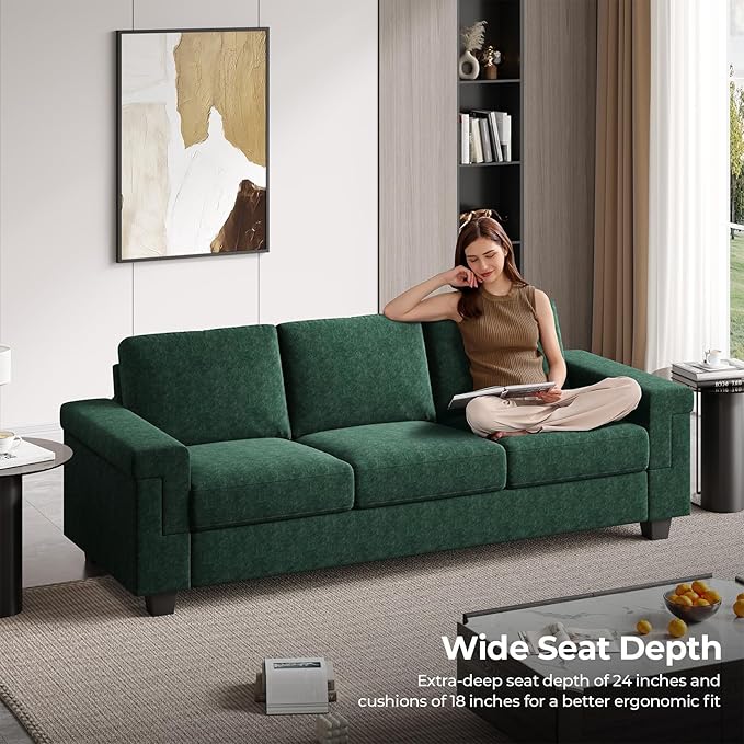 COPIAE 3 Seater Sofa Couch with Deep Seat, 90" Modern Upholstered Sofa with Armrests, Easy Installation, Comfy Couches for Living Room, Apartment, Green