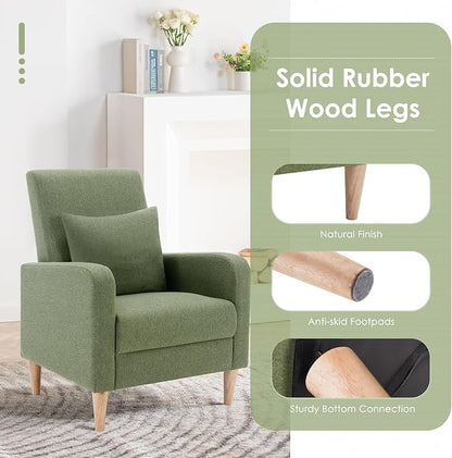 COLAMY Mid-Century Modern Accent Chair, Fabric Upholstered Living Room Chair with Back Pillow & Solid Wood Legs, Comfy Armchair for Living Room, Bedroom, Single Sofa, Green