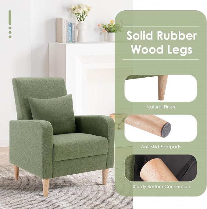 COLAMY Mid-Century Modern Accent Chairs Set of 2, Fabric Upholstered Living Room Chairs with Back Pillow & Solid Wood Legs, Comfy Armchair for Living Room, Bedroom, Single Sofa, Green