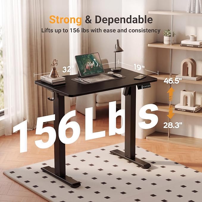 Claiks Electric Standing Desk, 32 x 19 Inch Small Height Adjustable Sit Stand Desk for Home Office, Computer Desk with Memory Presets, Cable Management & Headphone Hooks, 156 lbs Capacity, Black