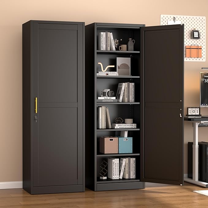 Tall Metal Narrow Bathroom Storage Locker Cabinet 67" H, Tall Black Pantry Cabinets with 5 Adjustable Shelves and Lockable Doors for Kitchen, Home Office, Living Room, Dining Room