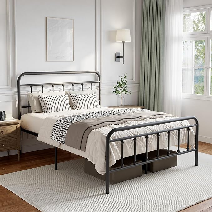 Novilla Metal Bed Frame Queen Size - Modern Minimalist Victorian Style with Headboard/Footboard, Heavy-Duty Steel Slats/Underbed Storage/No Box Spring Needed/Easy Assembly/Noise Free/Black