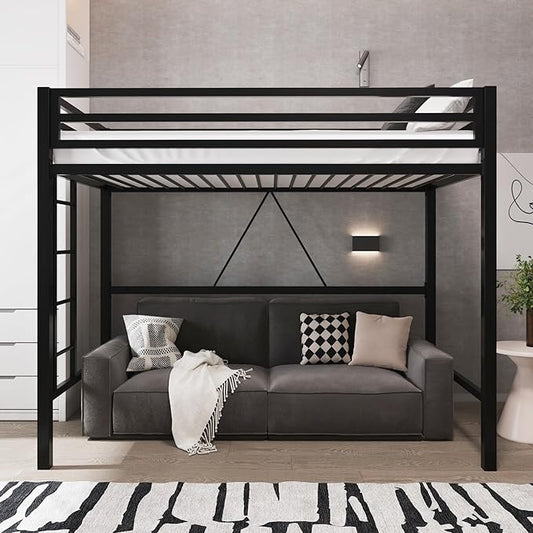 Allewie Metal Loft Bed Twin Size with Guardrail and Ladder,Black | Small Space Saving Design for Bedroom Kid Room and Dorm, No Box Spring Needed
