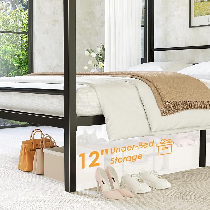 Lutown-Teen Canopy Bed Frame Queen, Four Poster Metal Canopy Queen Bed Frame, Heavy Duty Mattress Foundation with Underbed Storage, No Box Spring Needed, Easy Assembly, Black