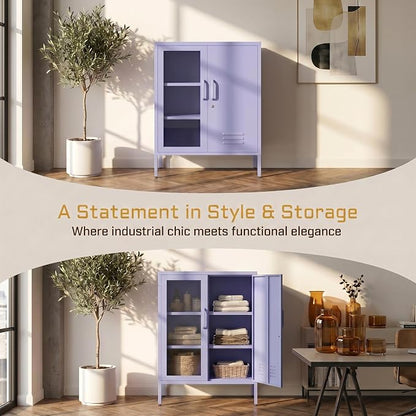 Metal Cabinet Metal Bathroom Storage Cabinet Metal Storage Cabinets with Glass Door and Adjustable Shelves Cabinet Storage for Coffee Bar for Homes, Living Rooms and Offices Purple 33''H