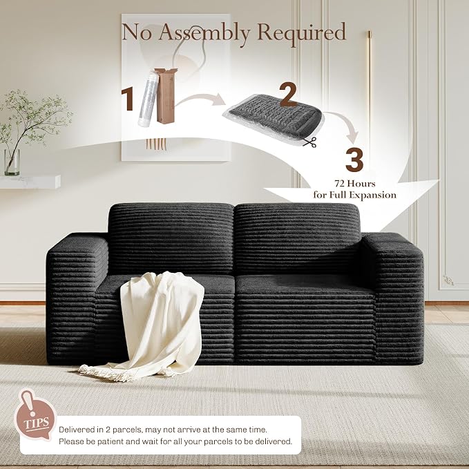 Vesgantti 80" Modular Sectional Sofa, Corduroy Cloud Couch with Deep Seating & Spring Support, 2 Seater Compact Modular Couch, Boneless Sectional Sofa for Small Spaces, No Assembly Required, Black