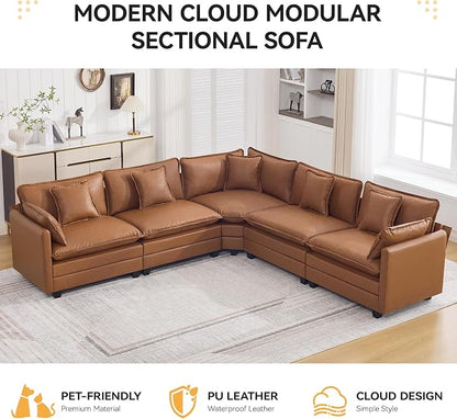 137'' V Shaped Cloud Sectional Sofa, Oversized Deep Seat Leather Couches for Living Room, Comfy Upholstered Modular Sectional Sofa Couch, Leather Light Brown