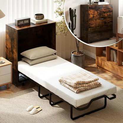 KOMFOTT Murphy Bed Cabinet, Rolling Folding Bed into Cabinet with Mattress & Lockable Wheels, Folding Bed Frame for Small Space, Roll Away Pull Out Murphy Bed for Guest Room Office