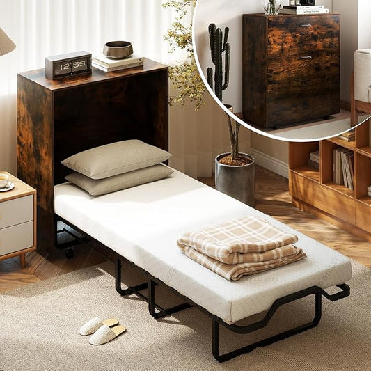 KOMFOTT Murphy Bed Cabinet, Rolling Folding Bed into Cabinet with Mattress & Lockable Wheels, Folding Bed Frame for Small Space, Roll Away Pull Out Murphy Bed for Guest Room Office