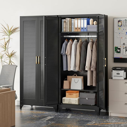 71" Louvered Black Metal Storage Cabinet with Doors and Shelves, Steel Armoire Wardrobe Closet with Sturdy Hanging Rod for Home Office Bedroom, 18" Deep