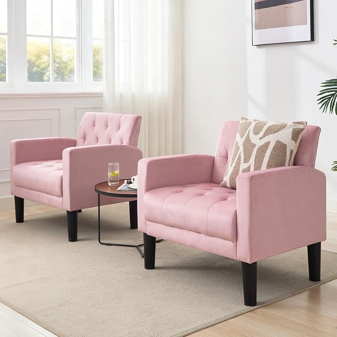 TYBOATLE Mid-Century Fabric Tufted Accent Living Room Armchairs, Comfy Modern Upholstered Bedroom Office Armchair Single Sofa, Reading Lounging Side Lounge Chair Living Room Furniture (Pink)