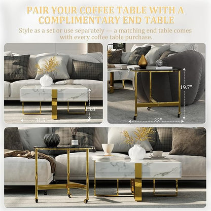 White and Gold Coffee Table, Modern Luxury Square Coffee Table with Faux Marble Tabletop and Polished Stainless Steel Legs for Living Room Apartment Office