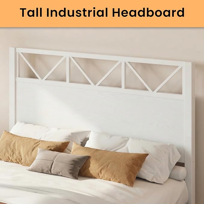 LIKIMIO Queen Bed Frame, Tall Modern Headboard 51.2 ", Platform Bed Frame with Strong Metal Support, Solid and Stable, Noise Free, No Box Spring Needed, Easy Assembly, White