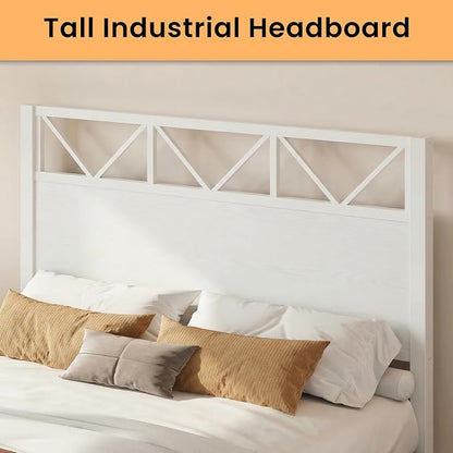 LIKIMIO Queen Bed Frame, Tall Modern Headboard 51.2 ", Platform Bed Frame with Strong Metal Support, Solid and Stable, Noise Free, No Box Spring Needed, Easy Assembly, White