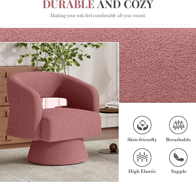 Luxanimarion Swivel Barrel Accent Chair,Oversized Teddy Upholstered Round Swivel Chair,Modern Luxury 360 Degree Living Room Vanity Chair for Bedroom Office,Pink,1PCS