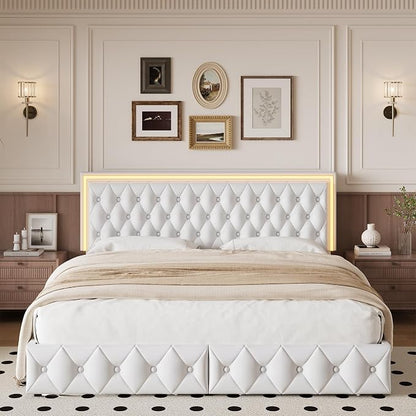 Keyluv Full Size LED Bed Frame with 4 Storage Drawers and Adjustable Headboard, PU Leather Upholstered Button Tufted Modern Platform Bed, Solid Wooden Slats Support, Easy Assembly, White