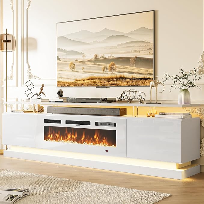 70" Fireplace TV Stand, Modern Entertainment Center for TVs Up to 80”, TV Console with Storage Cabinets, Media Console for Living Room, White TV Stand and White Fireplace