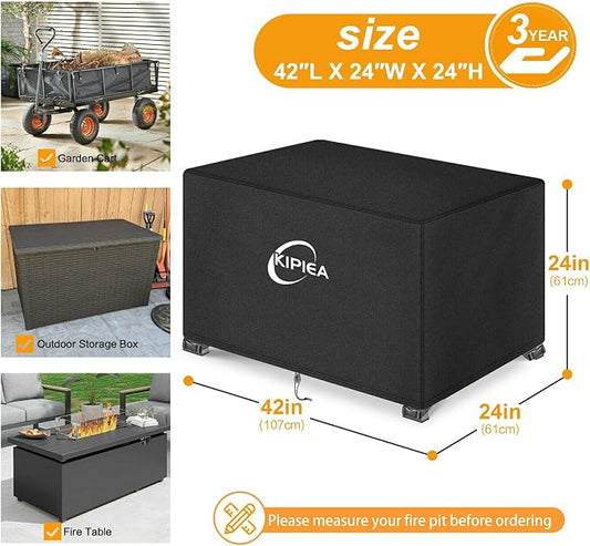 Kipiea Rectangular Fire Pit Cover 42x24 inch – Upgraded 600D Heavy Duty, 100% Waterproof, UV & Tear Resistant, Propane Fire Table Cover, Black