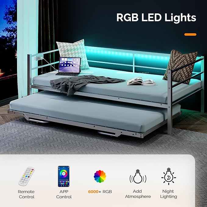 VINGLI Daybed with Trundle Twin, Metal Trundle Bed Frame with Pop Up Trundle Day Bed,Sofa Platform Bed with LED Lights and Charging Station,Pull Out Bed with Sturdy Steel Slats Support, White