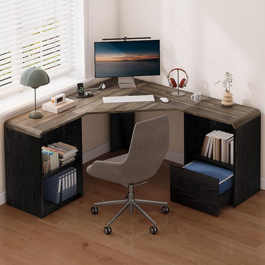 L Shaped Desk with Power Outlets & USB C Port, 59'' Reversible L-Shaped Computer Desk with File Drawer for Letter/Legal Size, Corner Office Desk with Storage Shelves, Rounded Corners, Black