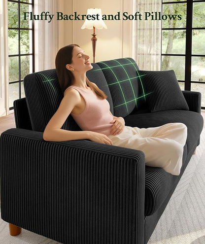 Welzona 70.2" Couches for Living Room, Comfy L Shaped Couch Black 7.1" Thicker Cushion, Sofas for Living Room Tool-Free Setup, Loveseat with Ottoman 705lbs Support, Corduroy Couch for Bedroom, Office