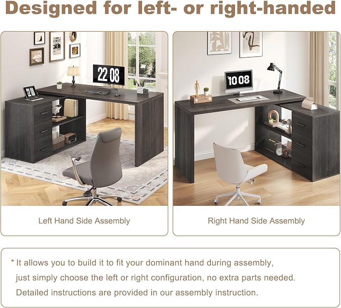 HSH L Shaped Office Desk with Drawers Shelves 55-76 Inch, Corner Computer Desk with Storage 360 Rotating Long for Work, Executive, Study, Writing, Teacher, Bedroom Modern Gaming Table, Dark Grey