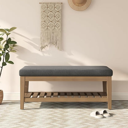 Apicizon 45" Shoe Rack Bench with Upholstered Cushion, Solid Rubberwood Entryway Shoe Bench, Modern Chenille Ottoman Bench with Storage for Hallway Bedroom Living Room Front Door Entrance, Dark Gray