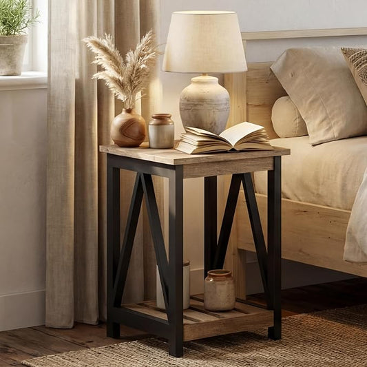 ChooChoo Farmhouse End Table, Rustic Vintage End Side Table with Storage Shelf for Small Spaces, Nightstand Sofa Table for Living Room, Bedroom,Rustic Oak & Black 2 Pack