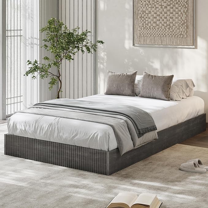 Garvee Twin Bed Frame, Wood Platform Bed with Fluted Design, Low Profile BedFrame, Minimalist Bed Base with Noise-Free, Easy Assembly, No Box Spring Needed, Charcoal Grey
