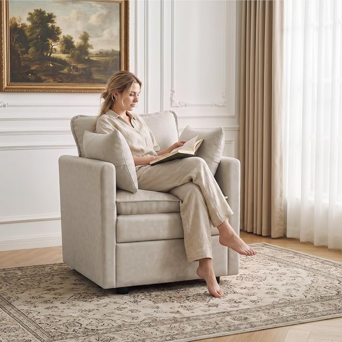 30" Beige Faux Leather Sofa Chair, Single Cloud Accent Chair with Storage | Modern Upholstered Deep Seat Sofa Chair, Comfort for Reading, Lounging, and Small spaces, Armchair for Living Room, Bedroom
