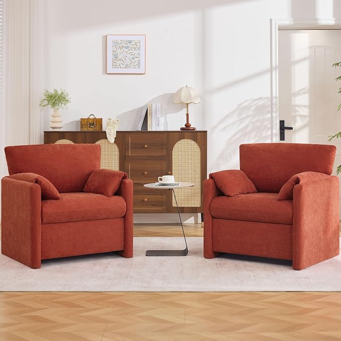 Oversized Accent Chair for Living Room, 32.68" Modern Armchair Set of 2 with Deep Seat, Mid-Century Comfy Reading Chair with Padded Arms, Large Chenille Single Sofa Chairs for Bedroom, Orange