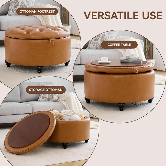 WUTUTUEE 30Inch Round Storage Ottoman with Tray, Modern Tufted Leather Circle Coffee Table with Storage, Upholstered Ottoman with Removable Top for Living Room, Bedroom, Leather Brown