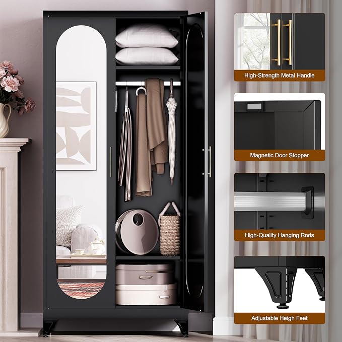 UNICOLY Metal Wardrobe Cabinet with Mirror Doors，71" Tall Armoire Wardrobe Closet with Hanging Rod and Adjustable Shelves，Black Clothing Storage Cabinets for Bedroom, Living Room,Office
