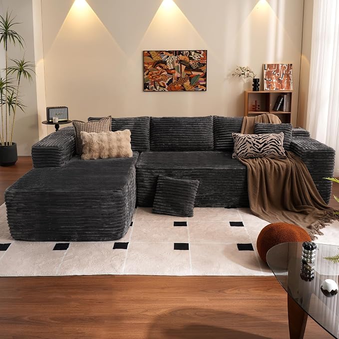 ovios 104" Cloud Boneless Couch with L-Shape Chaise,Modern Sectional Modular Sofa with Deep Seat, Upholstered Couches for Living Room Bedroom,No Assembly Required, Grey (Plush Corduroy Fabric)