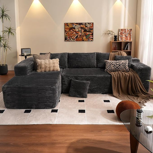 ovios 104" Cloud Boneless Couch with L-Shape Chaise,Modern Sectional Modular Sofa with Deep Seat, Upholstered Couches for Living Room Bedroom,No Assembly Required, Grey (Plush Corduroy Fabric)