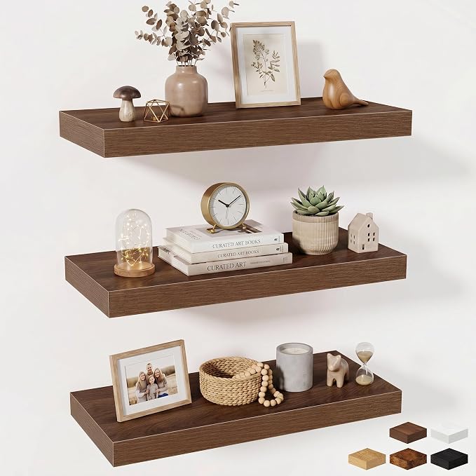 Fun Memories 24 x 10 Floating Shelves Wall-Mounted - Rustic Wood Shelf - 10 Inch Deep Floating Shelves for Wall - Large Storage Shelf for Bathroom - Kitchen & Bedroom - Walnut - Set of 3