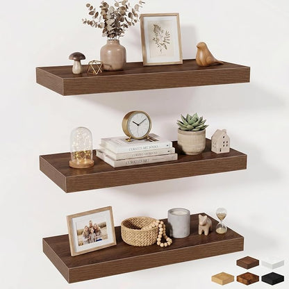 Fun Memories 24 x 10 Floating Shelves Wall-Mounted - Rustic Wood Shelf - 10 Inch Deep Floating Shelves for Wall - Large Storage Shelf for Bathroom - Kitchen & Bedroom - Walnut - Set of 3