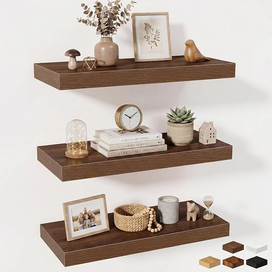 Fun Memories 24 x 10 Floating Shelves Wall-Mounted - Rustic Wood Shelf - 10 Inch Deep Floating Shelves for Wall - Large Storage Shelf for Bathroom - Kitchen & Bedroom - Walnut - Set of 3