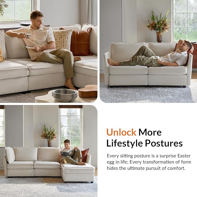 HULALA HOME Modular Sectional Sofa, Oversized 8 Seat U Shaped Couch with Storage Ottoman, Comfy Chenille Sofa with Deep Seat, Convertible Sectional Couches for Living Room, Beige