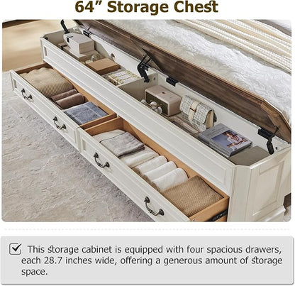 T4TREAM Farmhouse Queen Bed with Headboard and Storage Bench, Rustic Wood Platform Bed with 64" Storage Chest w/ 4 Large Drawer (Antique White)