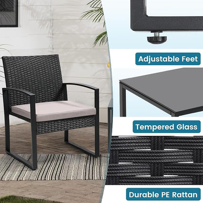 3 Piece Outdoor Wicker Bistro Set, Rattan Patio Conversation Set with Coffee Table & Washable Cushions for Porch Yard Balcony, Black/Grey