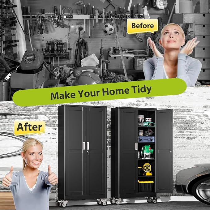 Metal Garage Storage Cabinet with Wheels, 70.9" H x 29.9" W x 15" D, Lockable Rolling Steel Tool Cabinet with Adjustable Shelves, Heavy Duty Garage Cabinet for Workshop, Basement, Home, Black
