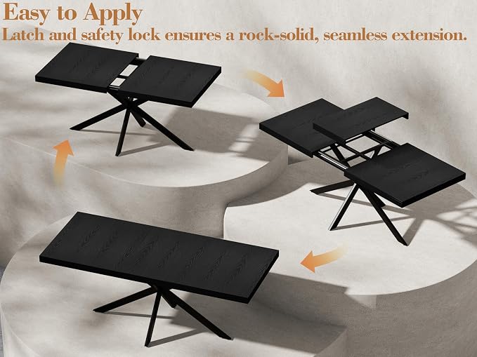 5-Piece Dining Table Set for 4 6 8, Large 55"-70.9" Extendable Dining Room Table Rectangle with Kitchen Chairs of 4, MDF Wood & Metal Frame for Apartment Kitchen, Saving Space, Modern, Black