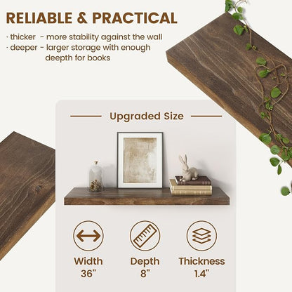 Floating Shelves for Wall Decor, 8" Deep Solid Elm Wood Floating Shelves Wall Mounted, Rustic Wall Shelves with Invisible Bracket for Living Room Bathroom Bedroom Kitchen, 36 Inch Set of 2, Walnut