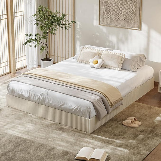Garvee Full Bed Frame, Wood Platform Bed with Fluted Design, Low Profile BedFrame, Minimalist Bed Base with Noise-Free, Easy Assembly, No Box Spring Needed, Cream