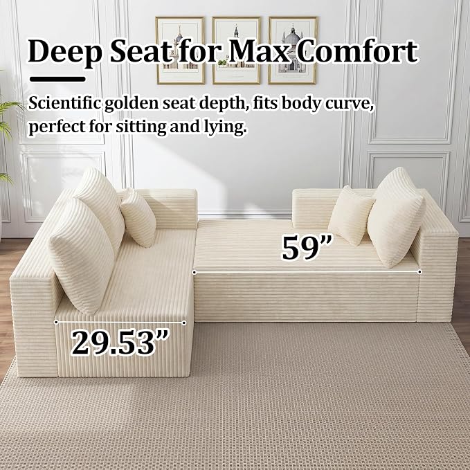 108" Modular Sectional Sofa, L-Shape Cloud Couch with Deep Seats & Chaise,4-in-1 Covertible Corduroy Boneless Couches for Living Room,Bedroom,No Need Assembly - Beige(Right Facing Chaise)